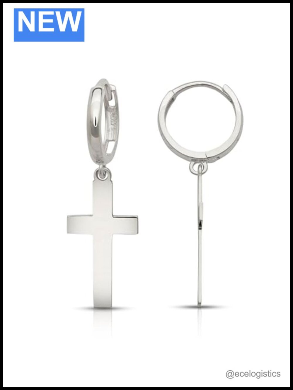 14k White Gold Dangle Cross Huggie Earrings 12mm Hinged Hoop